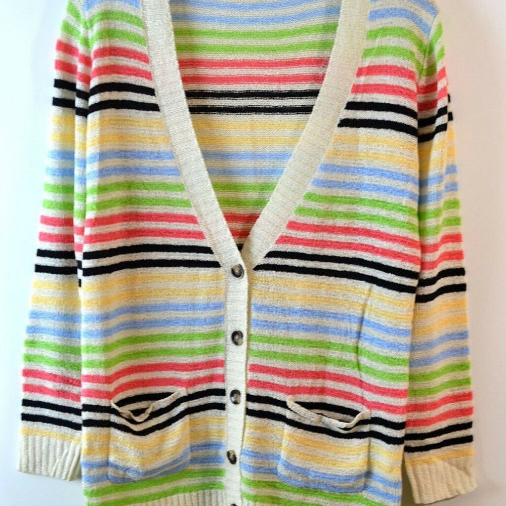 Verty Stripe Knit Button Up Cardigan,Blue/Lime